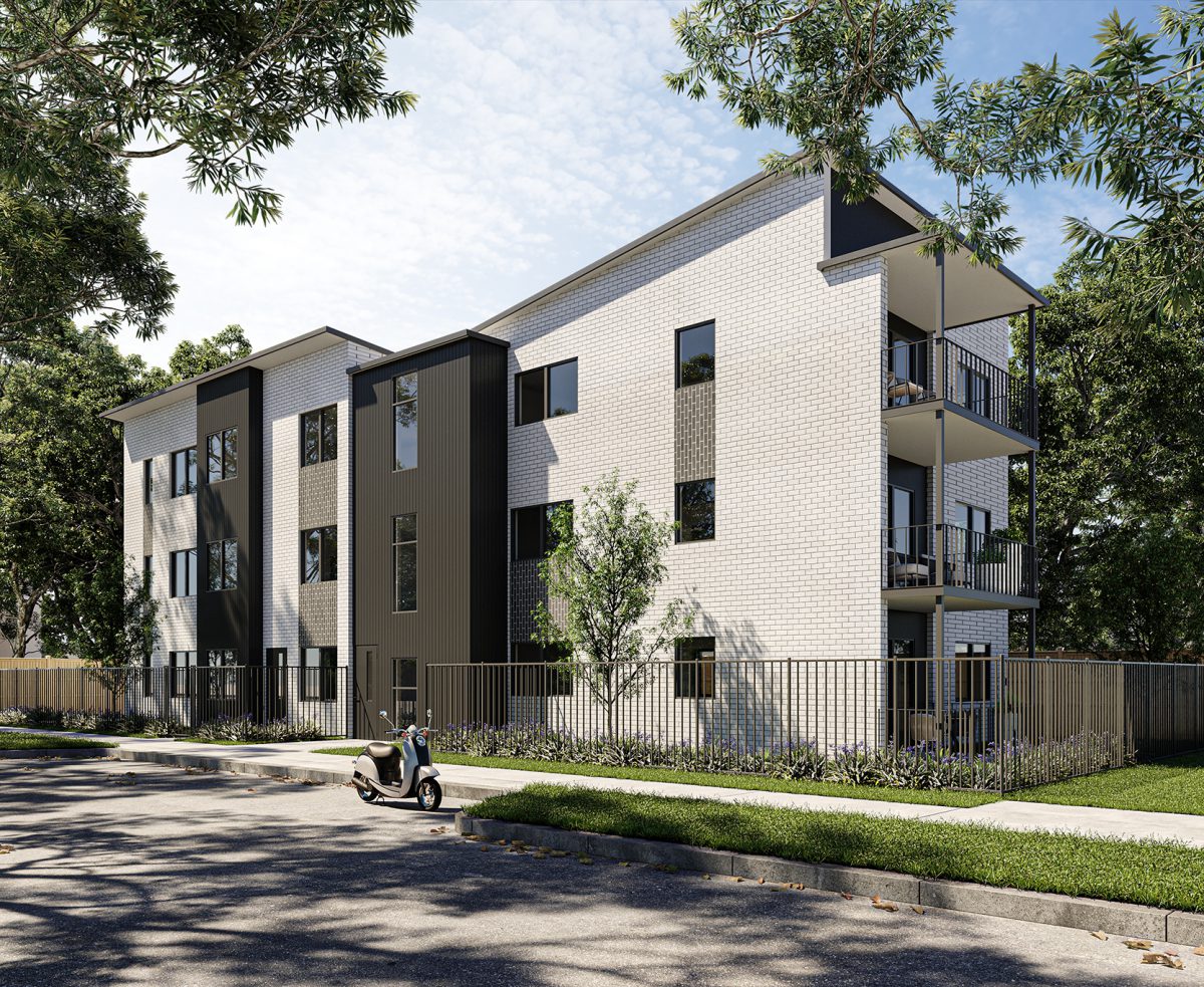 Puhinui Park apartment homes framed by mature trees