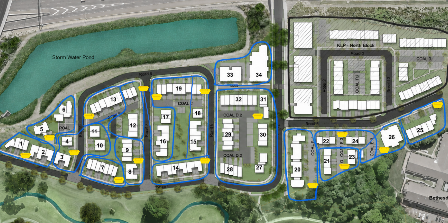 Map of Puhinui Park showing shared rubbish and recycling areas marked in yellow