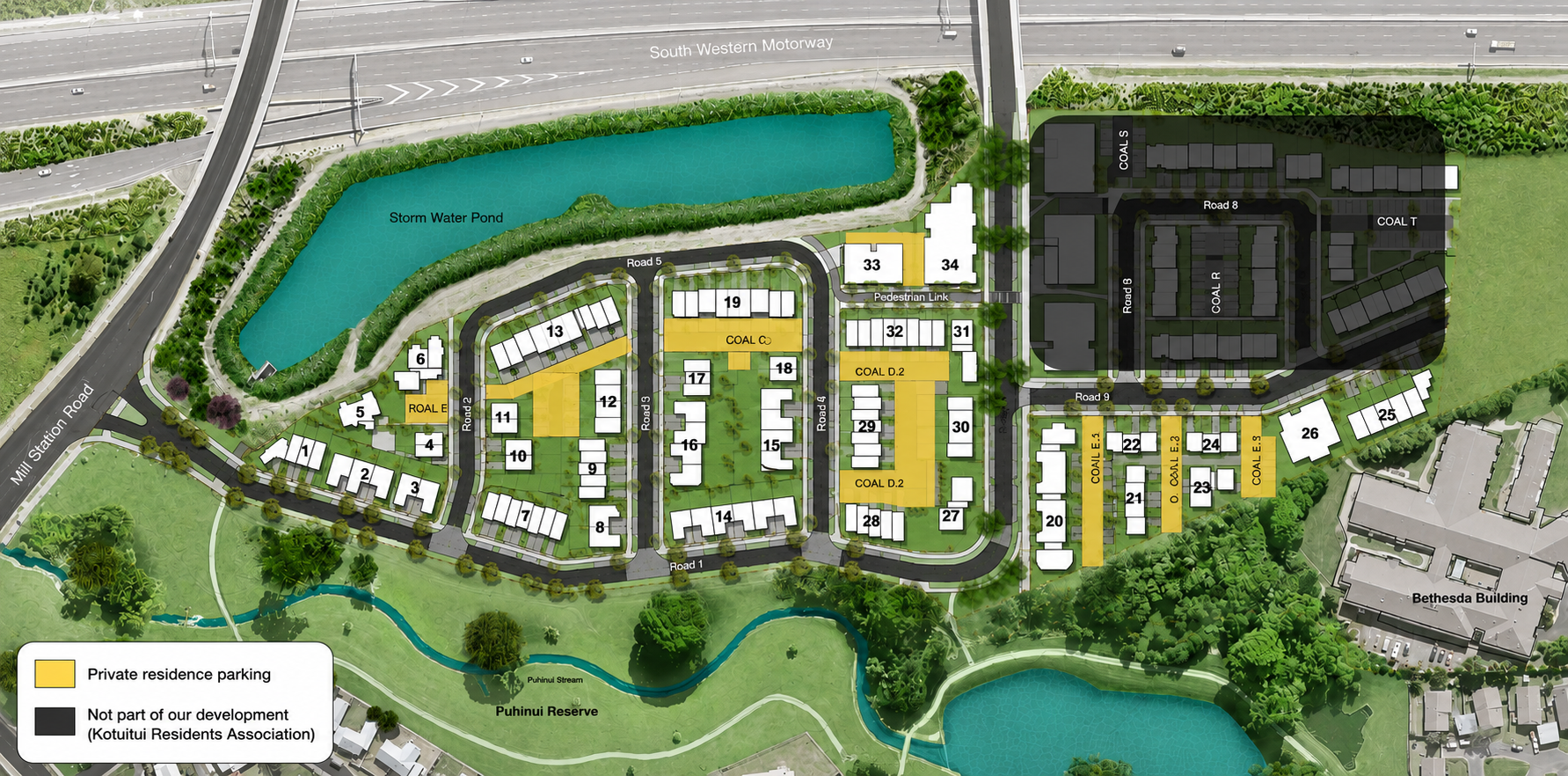 Map of Puhinui Park showing private residence parking in yellow and the neighbouring Kotuitui development in black