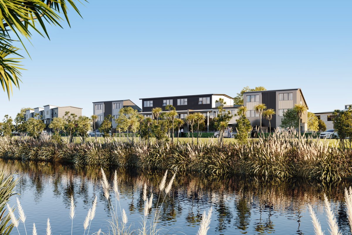 Puhinui Park homes reflected across planted wetland landscaping